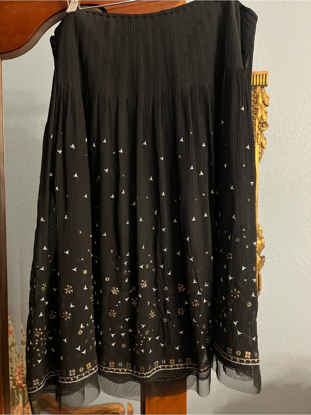 Peter Nygard Black A-Line Skirt with White and Gold Embroidery